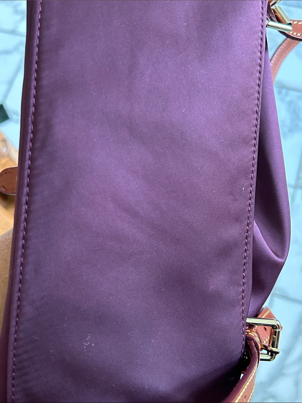 NWOT Women's Plum Nylon Backpack with Brown Leather Trim image 5